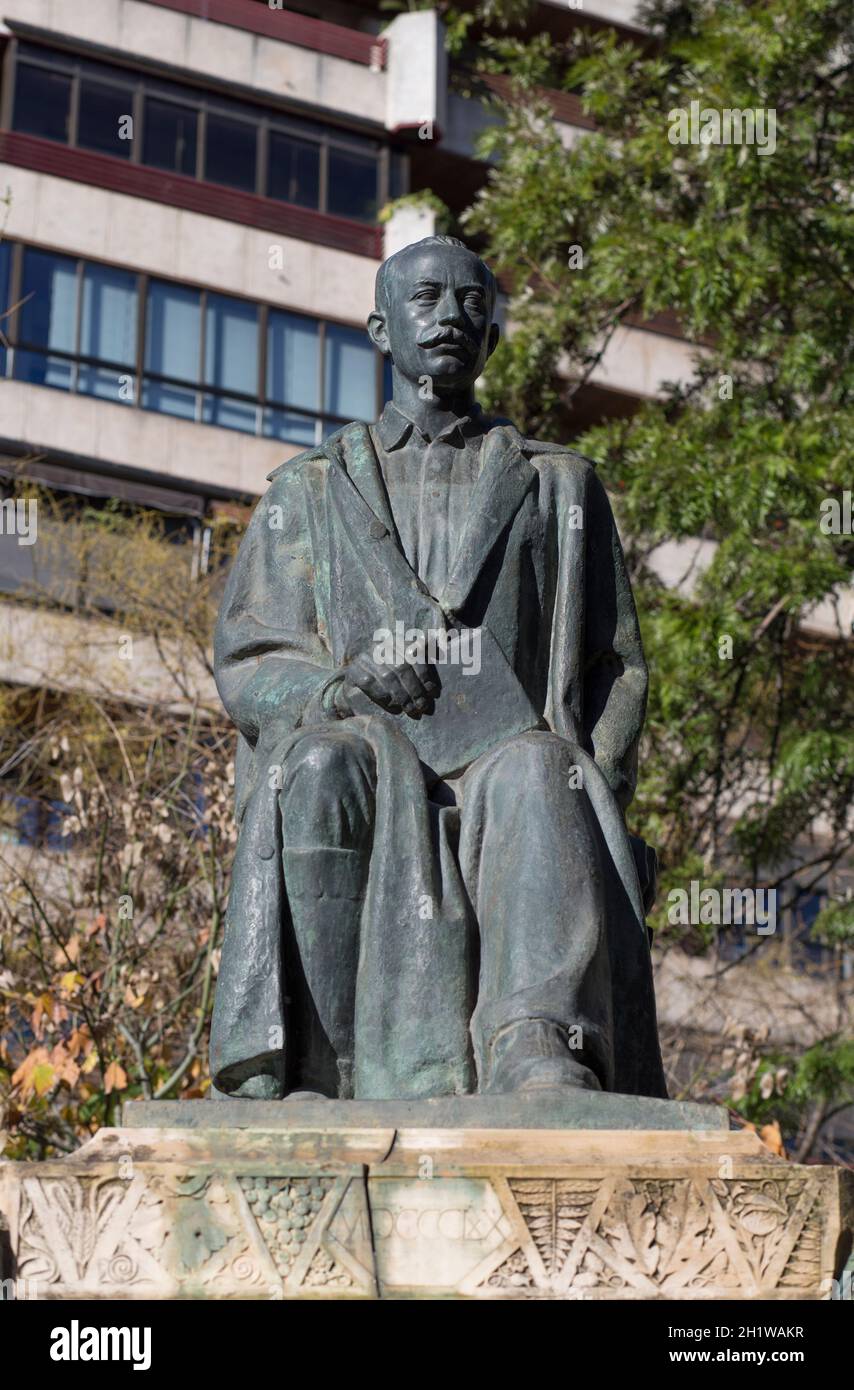 Caceres, Spain - Dec 1st, 2020: Jose Maria Gabriel y Galan monument. Spanish poet in Castilian and Extremaduran. Sculpted by Perez Comendador in 1926 Stock Photo