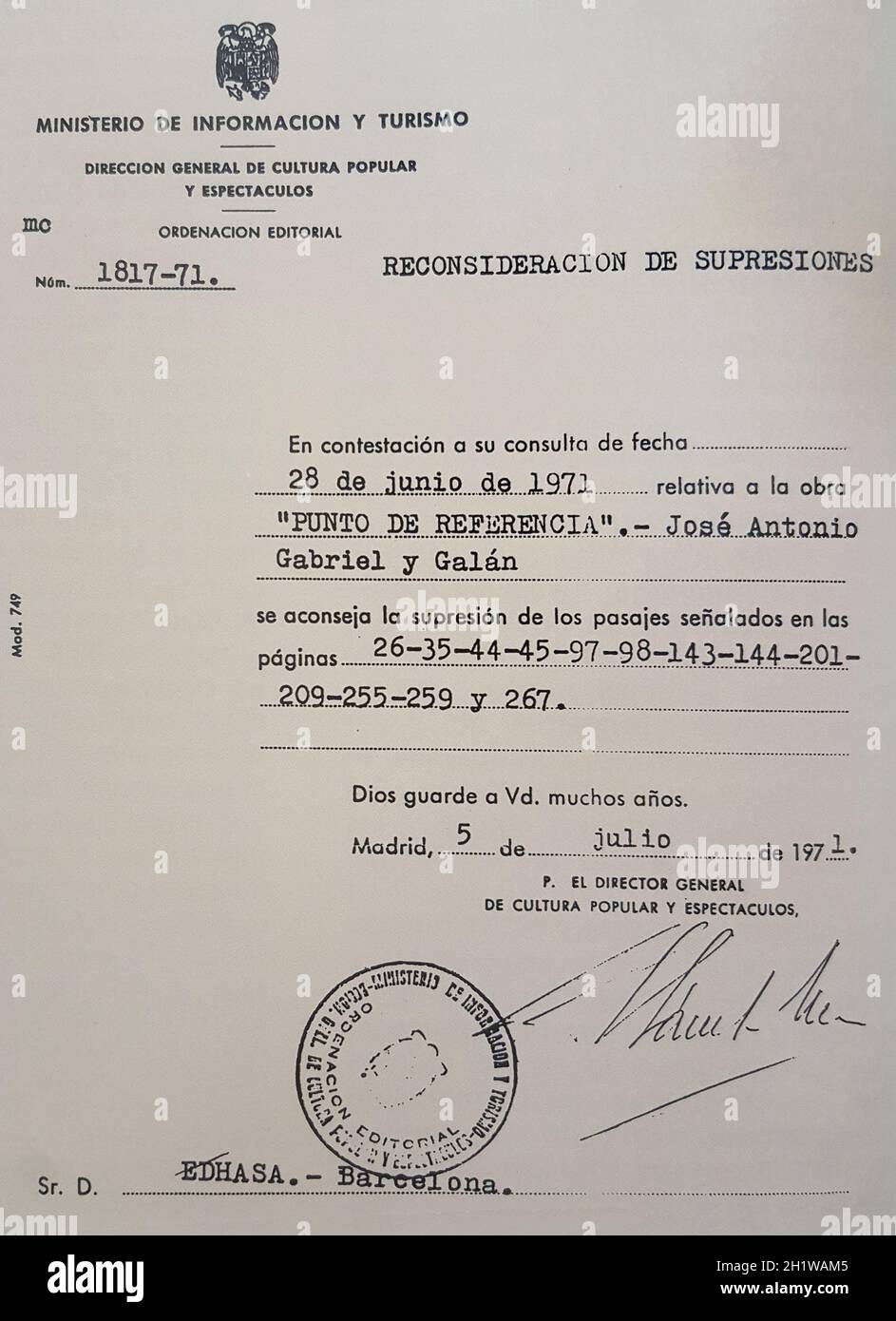 Francoist censor certificate sent to Gabriel y Galan poet. During franco dictatorship all cultural activities were subject to censorship Stock Photo