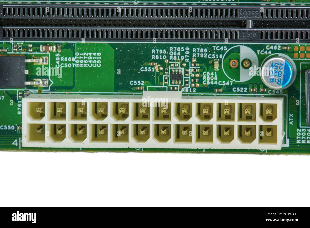 The components of the motherboard. Include chip, ic, cpu socket, heatsink and many port. Stock Photo