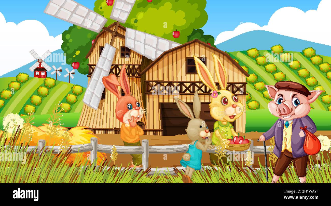 Farm at daytime scene with old farmer man and farm animals illustration ...