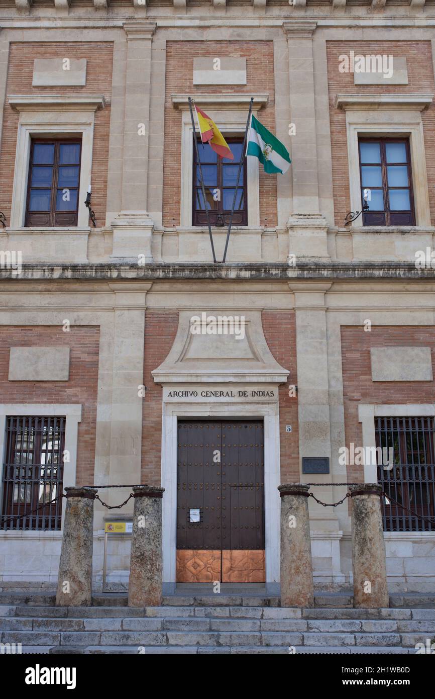 General Archive of Indies building main entrance, Seville, Spain. Repository of valuable archival documents of the Spanish Empire in the Americas and Stock Photo