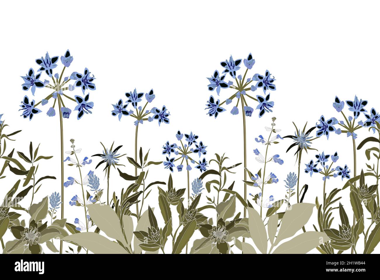 Vector floral seamless pattern, border with blue flowers and beige leaves, herbs. Stock Vector