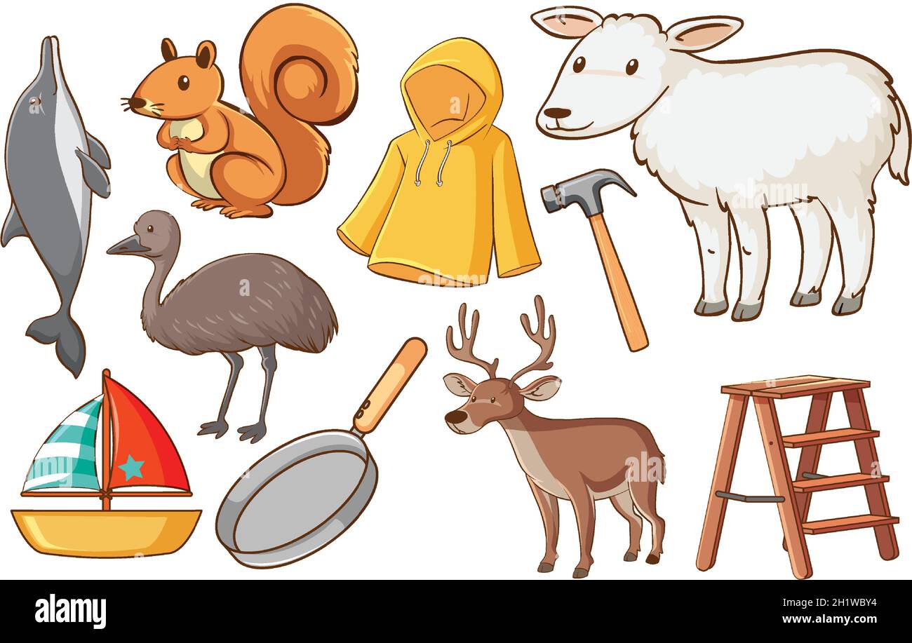 Set of various animals and objects illustration Stock Vector Image