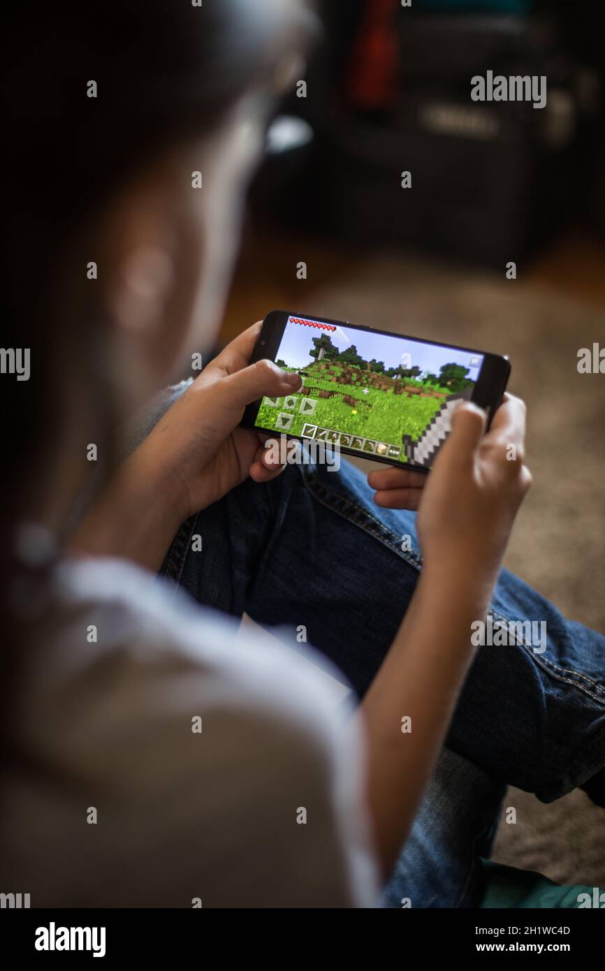 LOS ANGELES, CALIFÓRNIA - 3 DE JUNHO DE 2019: Homem De Encontro Que Guarda  Um Smartphone E O Jogo Do Jogo De Minecraft Na Tela Do Foto Editorial -  Imagem de eletrônico, povos: 149824476