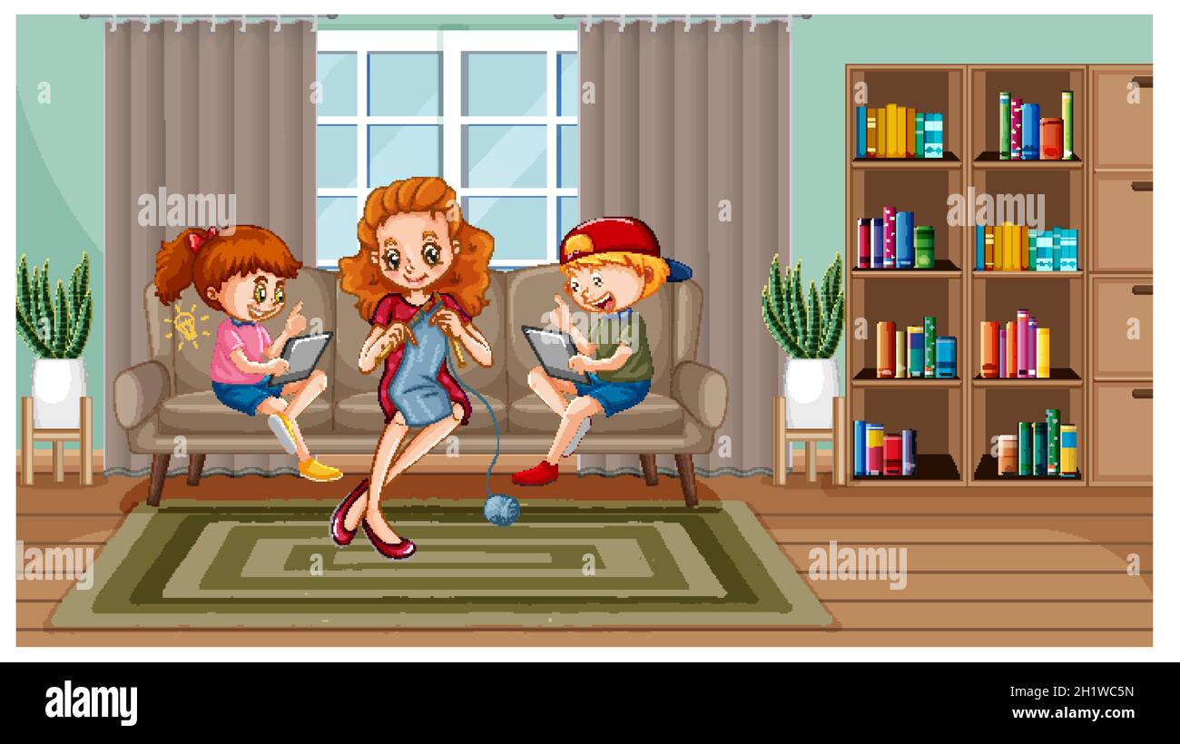 Children learning from home on electronic device illustration Stock Vector