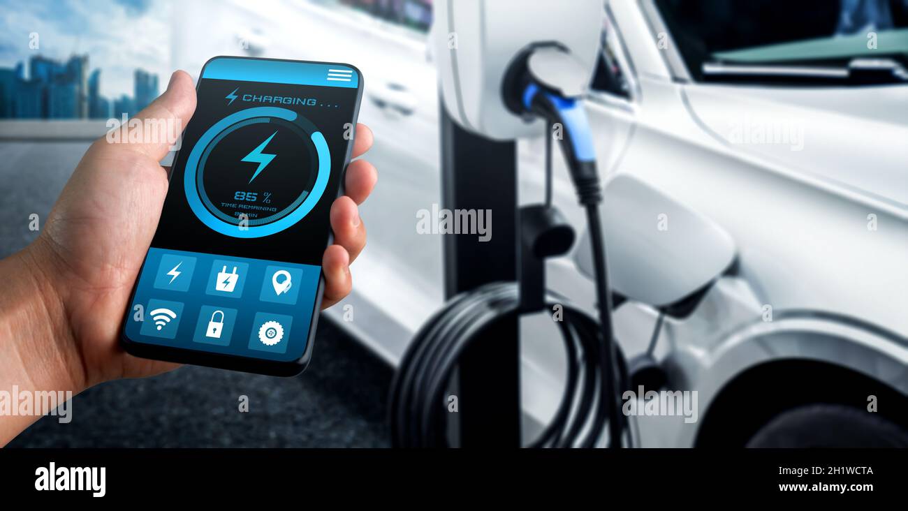 EV charging station for electric car with mobile app display charger