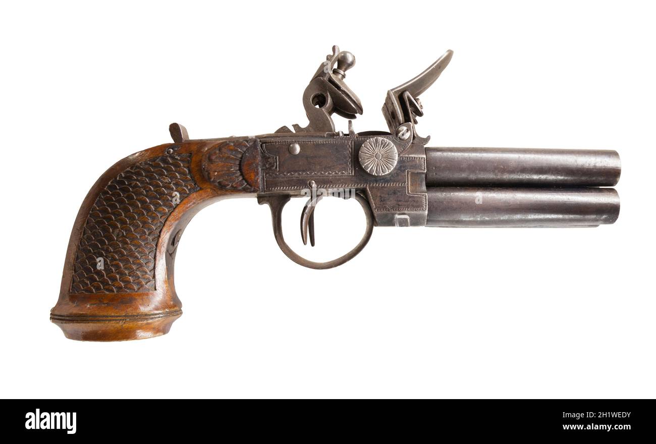 Double barrel flintlock pistol, 1700. Naval Museum of Madrid, Spain Stock Photo