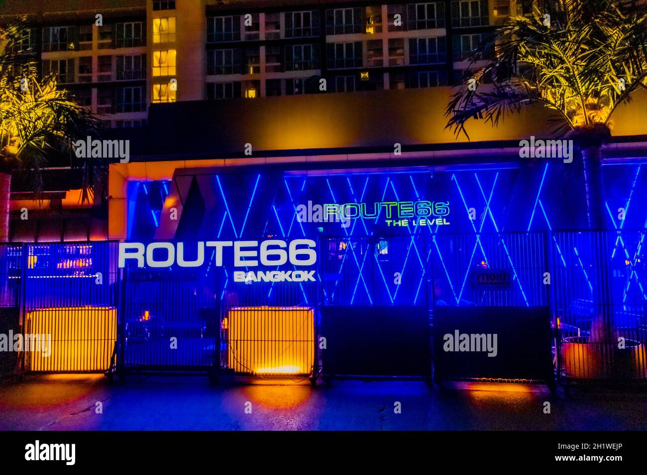 Nightlife and colorful lights at Route 66 Bar in Bangkok Thailand Stock