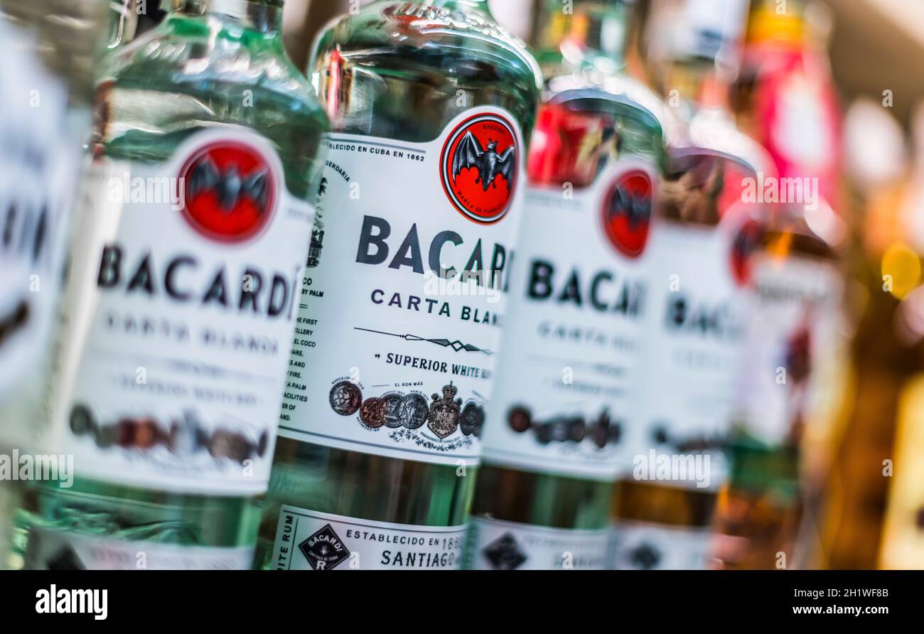 POZNAN, POL JUN 17, 2021 Bottles of Bacardi rum put up for sale in a