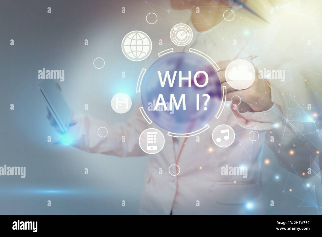 Hand writing sign Who Am I Question, Word Written on asking about self identity or an individualal purpose in life Inspirational business technology c Stock Photo