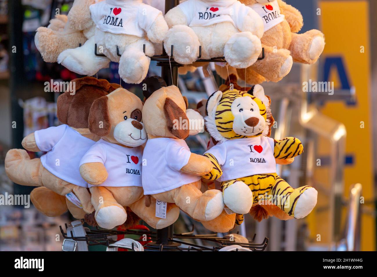 Rome, Italy - October 9, 2020: Plush toys with the inscription 'I love Roma', a souvenir shop on the street in the city Stock Photo
