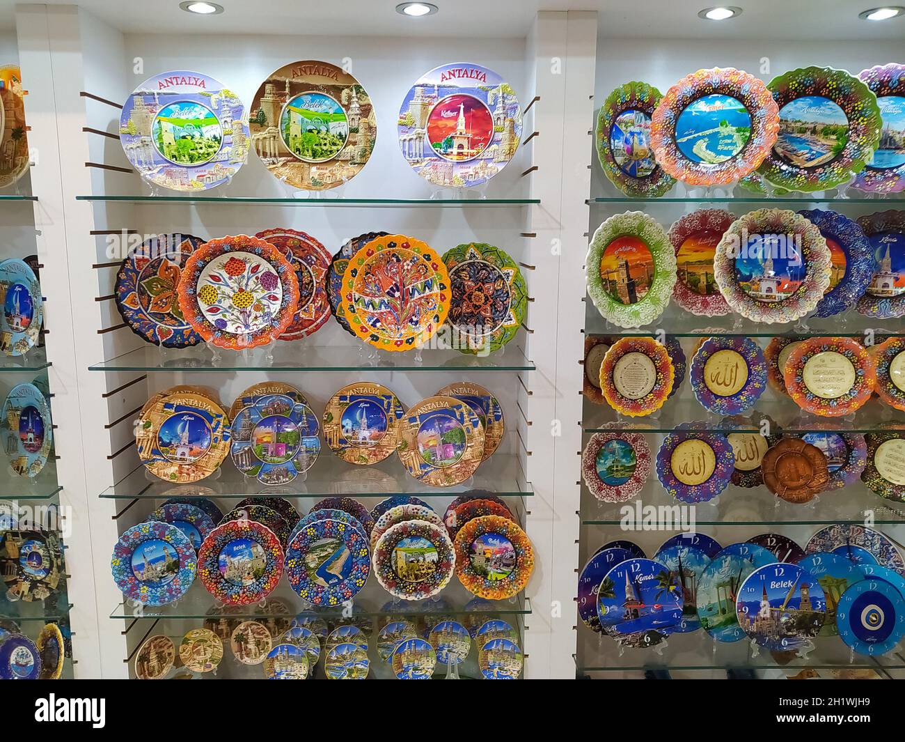Close-up view of colorful Turkish plates displayed at an outdoor ...