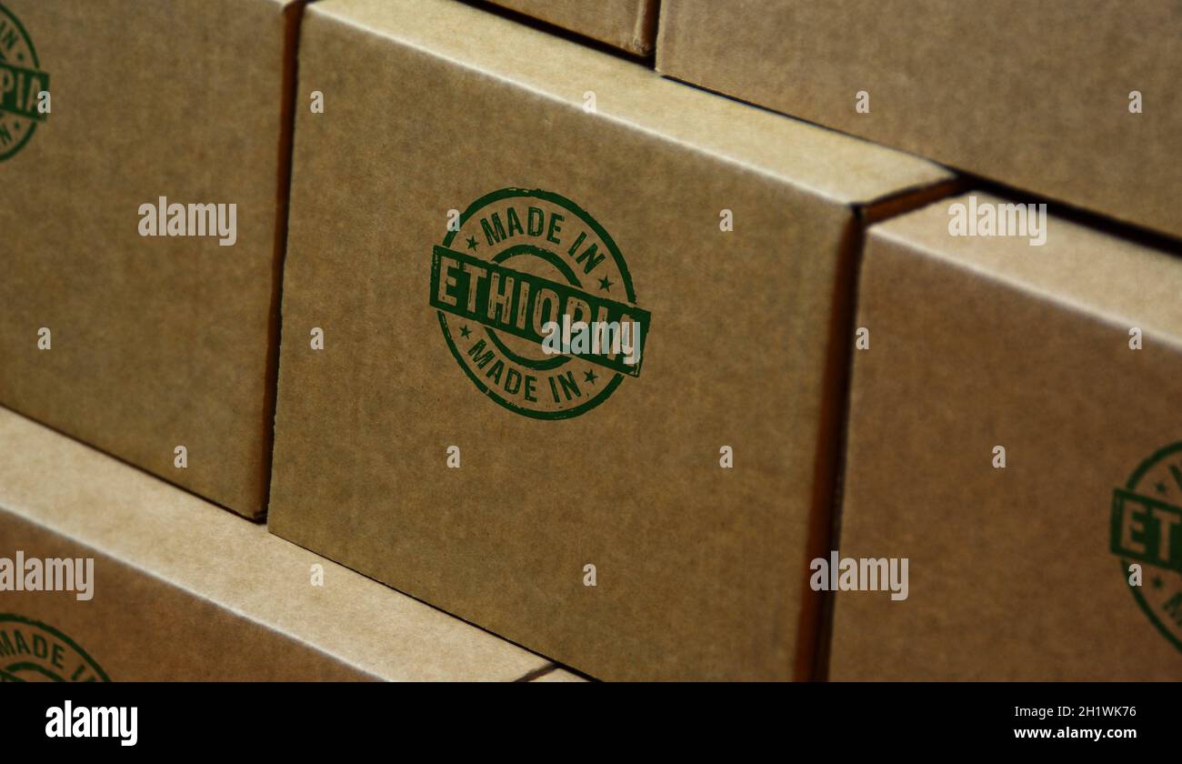 Made in Ethiopia stamp printed on cardboard box. Factory, manufacturing