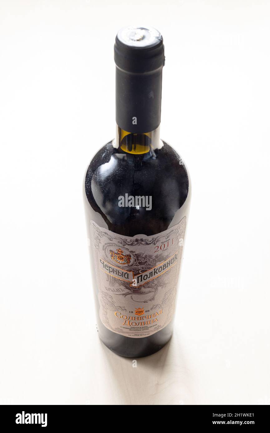 MOSCOW, RUSSIA - JUNE 10, 2021: bottle of sweet fortified wine Black Colonel (Chernyy Polkovnik) from Sun Valley crimean winery. The history of the wi Stock Photo