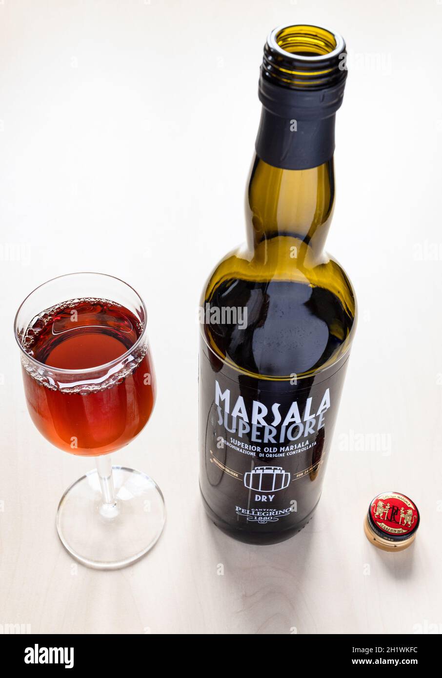 MOSCOW, RUSSIA - JUNE 10, 2021: open bottle of dry superior Marsala from Cantine Pellegrino. Marsala is fortified wine, produced in the region surroun Stock Photo