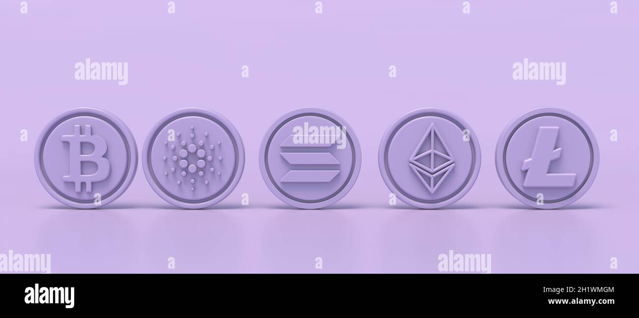 Crypto currency minimal coins, blockchain technology, mining concept,  Bitcoin, Ethereum, Cardano, Solana and Litecoin, purple color, banner. 3d  illust Stock Photo - Alamy