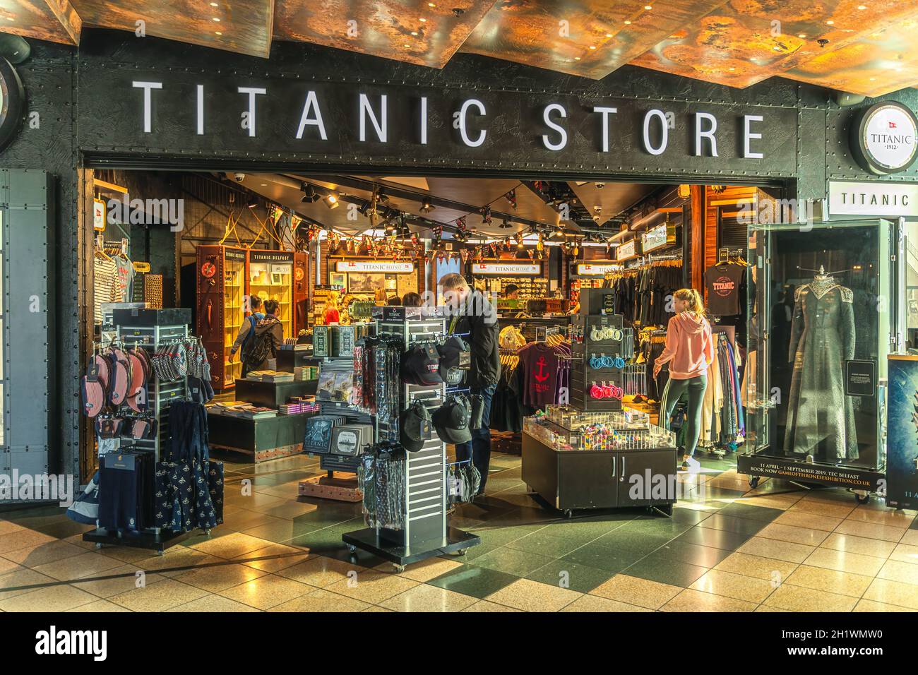 Belfast, UK, Aug 2019 People shopping for souvenirs in Titanic Store in Titanic Museum, Northern Ireland Stock Photo