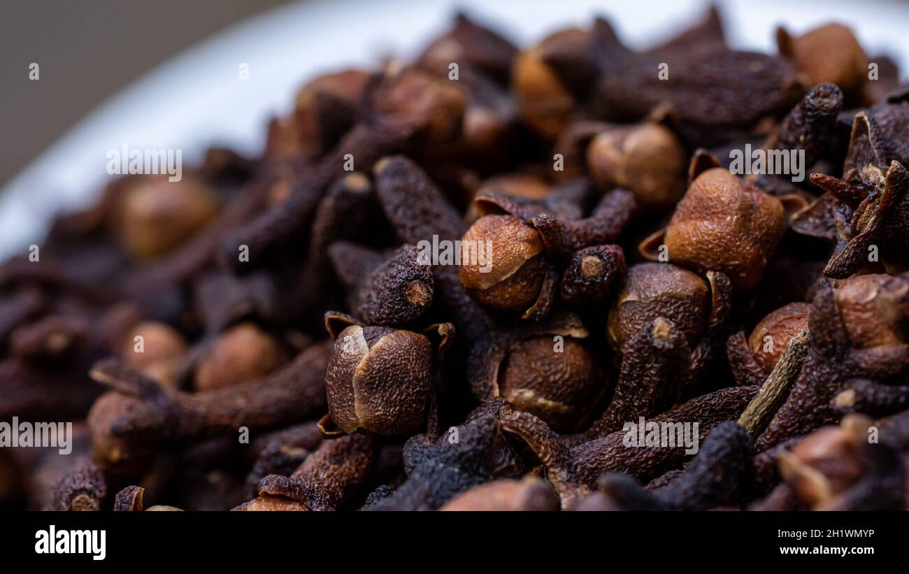 Cloves spice. Some dried cloves, macro close-up Isolated on white background, Stock Photo