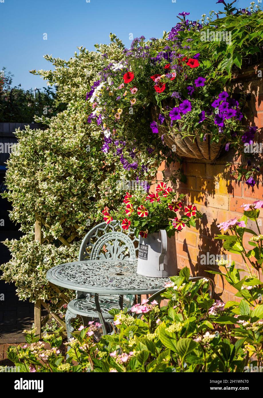A painted cast iron garden chair and table against a sunny English garden wall with trailing and colourful petunias and a decorative watering can. Stock Photo
