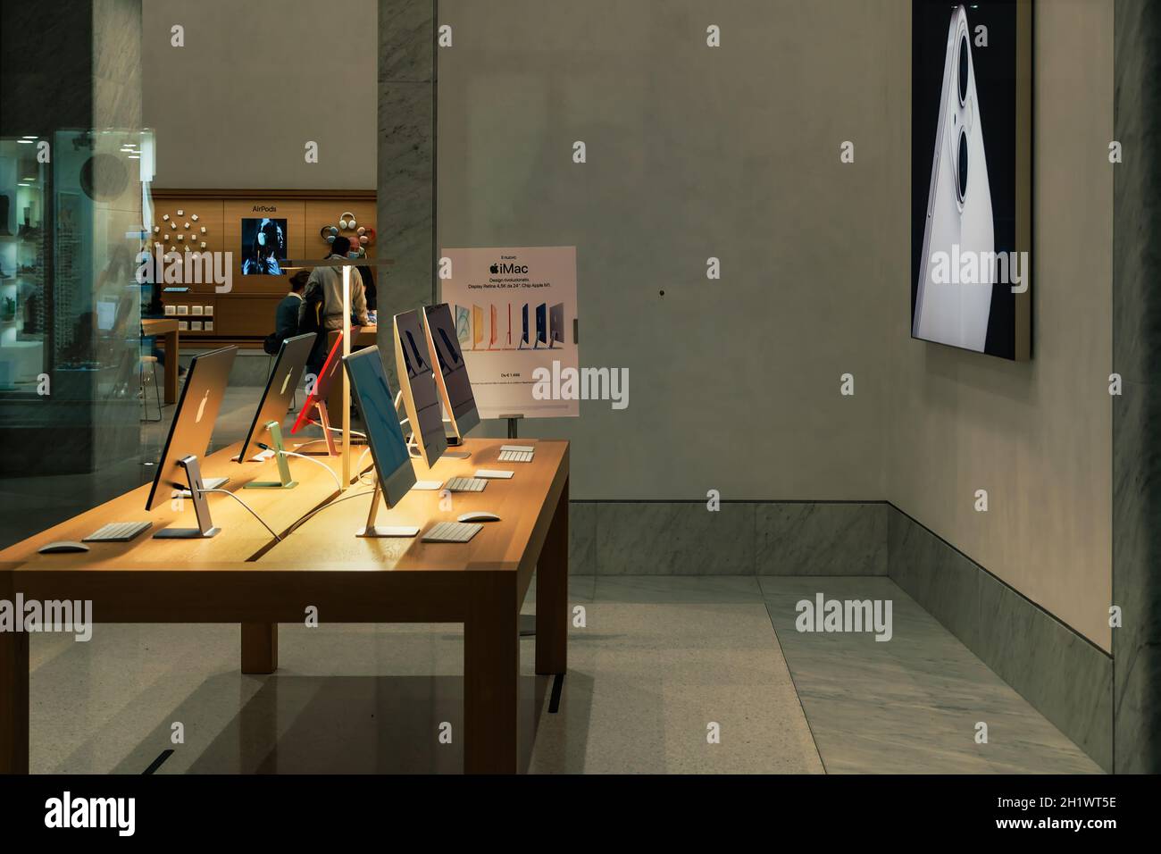 Rome, Italy Apple store exterior with iMac on display. Street view