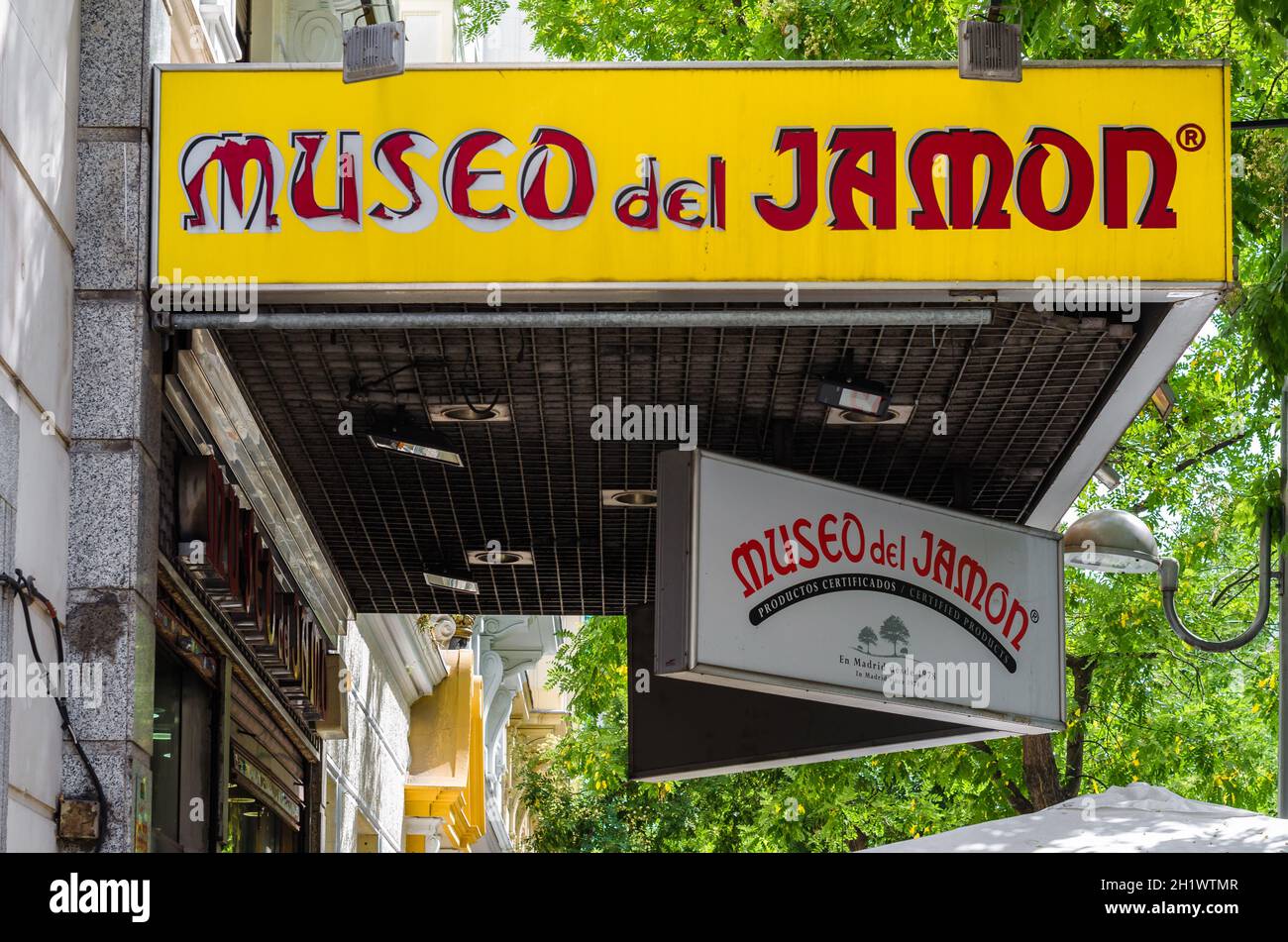 MADRID, SPAIN - JULY 23, 2021: Facade of 'Museo del Jamon' (The Ham Museum) restaurant in Madrid, Spain, a chain specialized in Iberian ham Stock Photo
