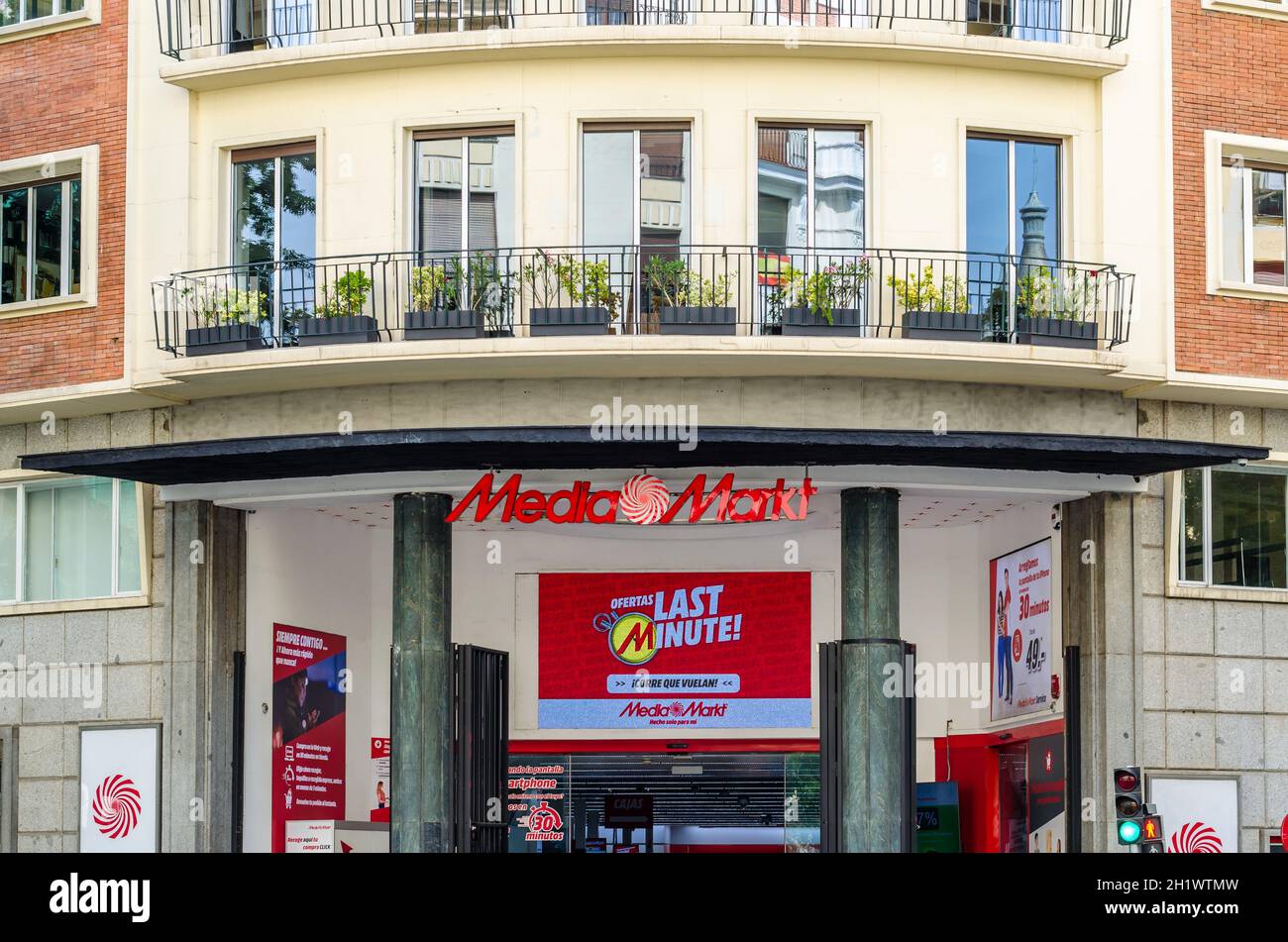 MADRID, SPAIN - JULY 23, 2021: Facade of a Media Markt store in Madrid, Spain. Media Markt is a chain of stores selling consumer electronics Stock Photo