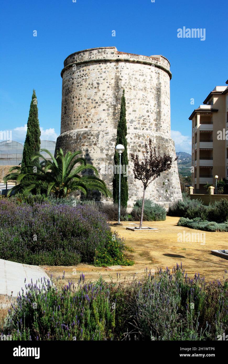 Old watchtower in the park known as the Torre Derecha, Lagos, Malaga Province, Andalusia, Spain, Western Europe. Stock Photo