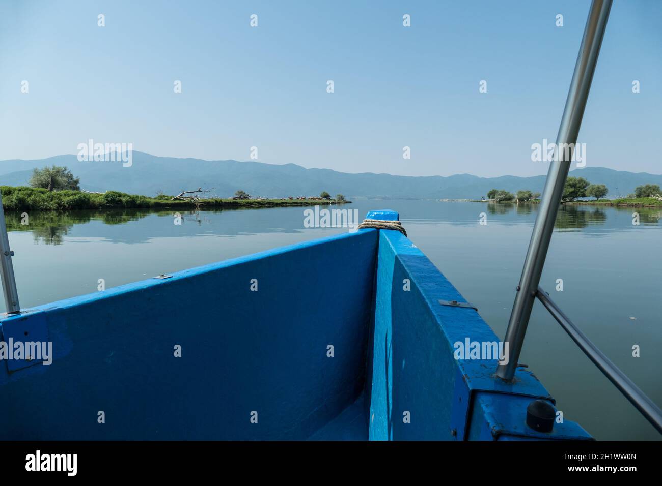 Lake Kerkini, Greece, July 13, 2021: Lake Kerkini is an artificial reservoir in Central Macedonia, Greece, created in 1932, then redeveloped in 1980, Stock Photo