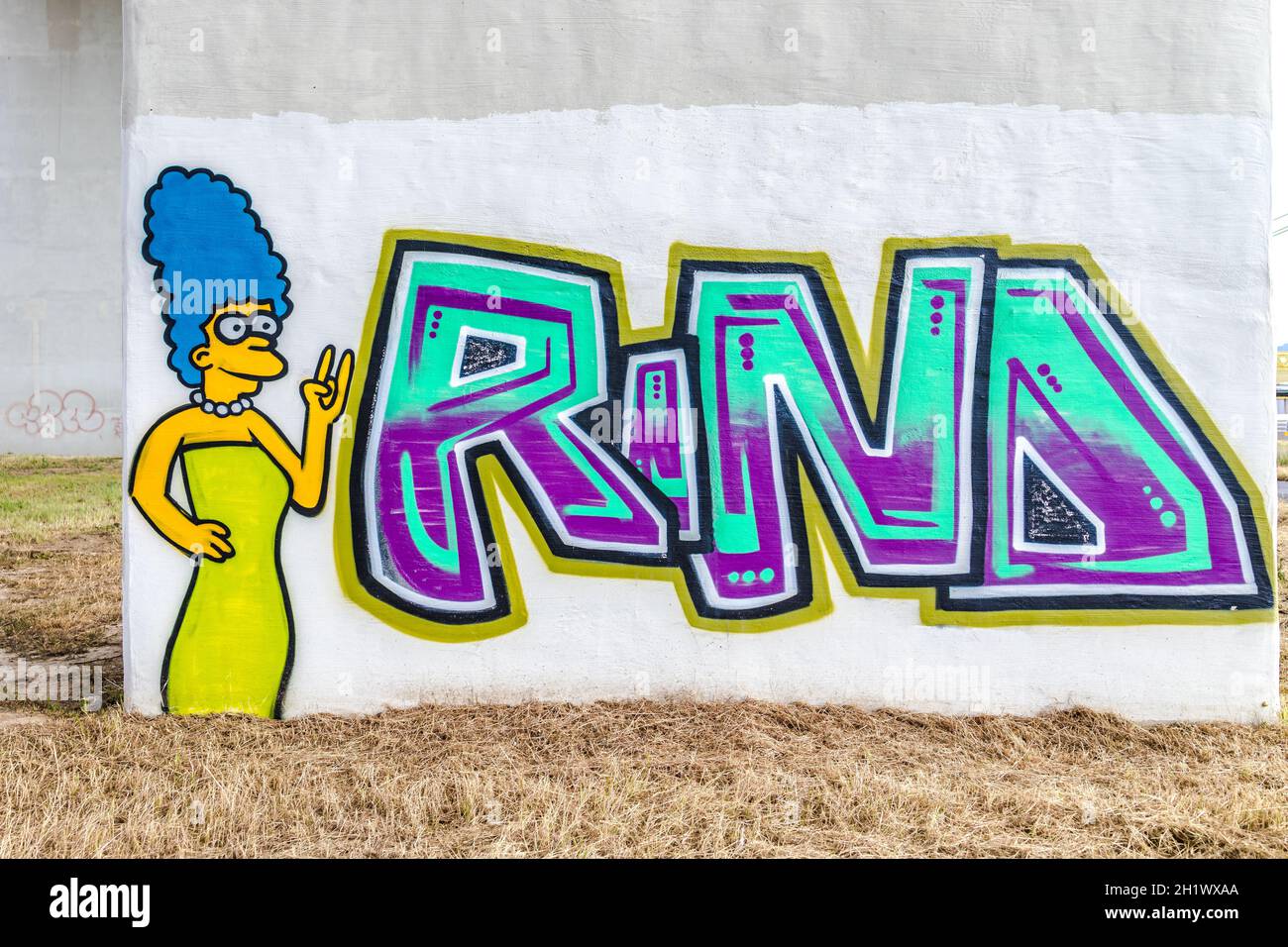 Leihgestern, Germany 2020-07-03: Marge Simpson painted on a wall. 'Marge' Simpson is a fictional lead character in the animated series The Simpsons. Stock Photo