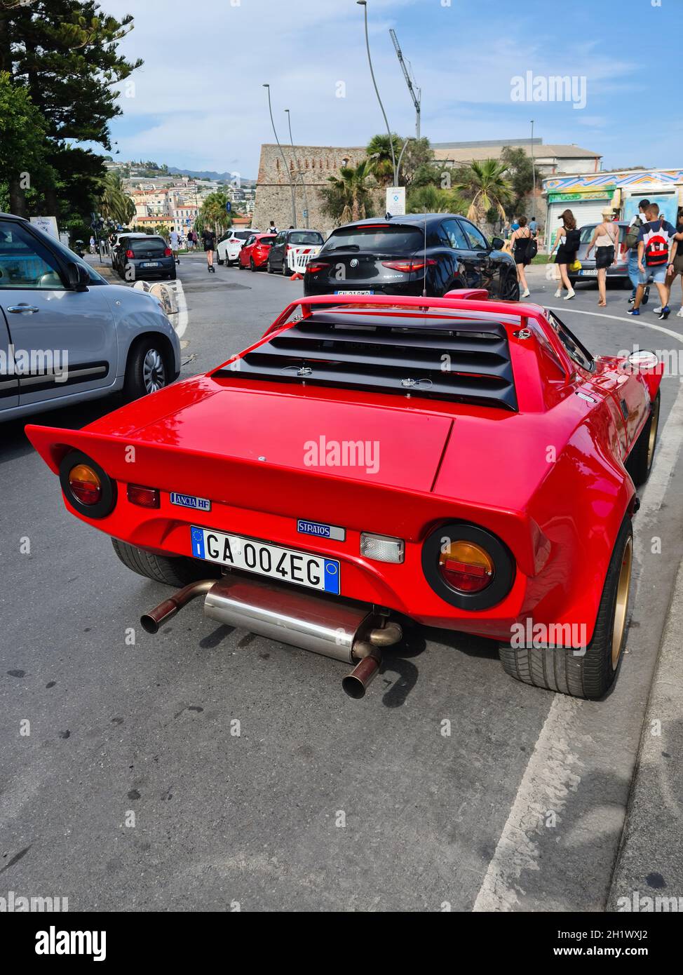 San Remo, Italy - August 8, 2021: Red Lancia Stratos HF Rally Italian Sports Car Parked In The Street Of San Remo In Italy, Europe. Close Up Rear View Stock Photo