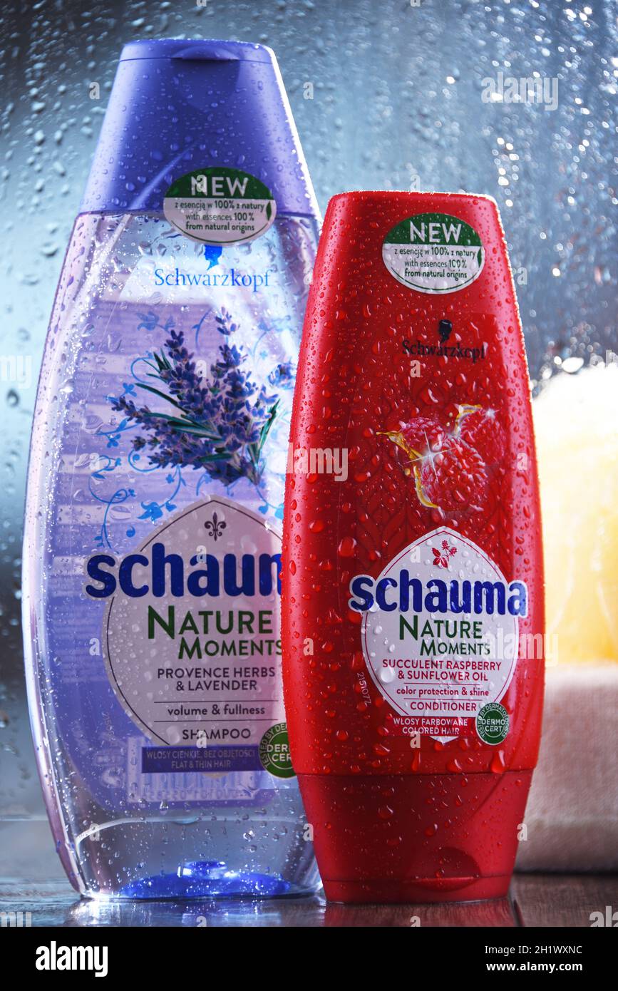 POZNAN, POL - OCT 23, 2020: Bottles of Schwarzkopf products, popular brand of first liquid shampoo developed by German chemist Hans Schwarzkopf in 192 Stock Photo