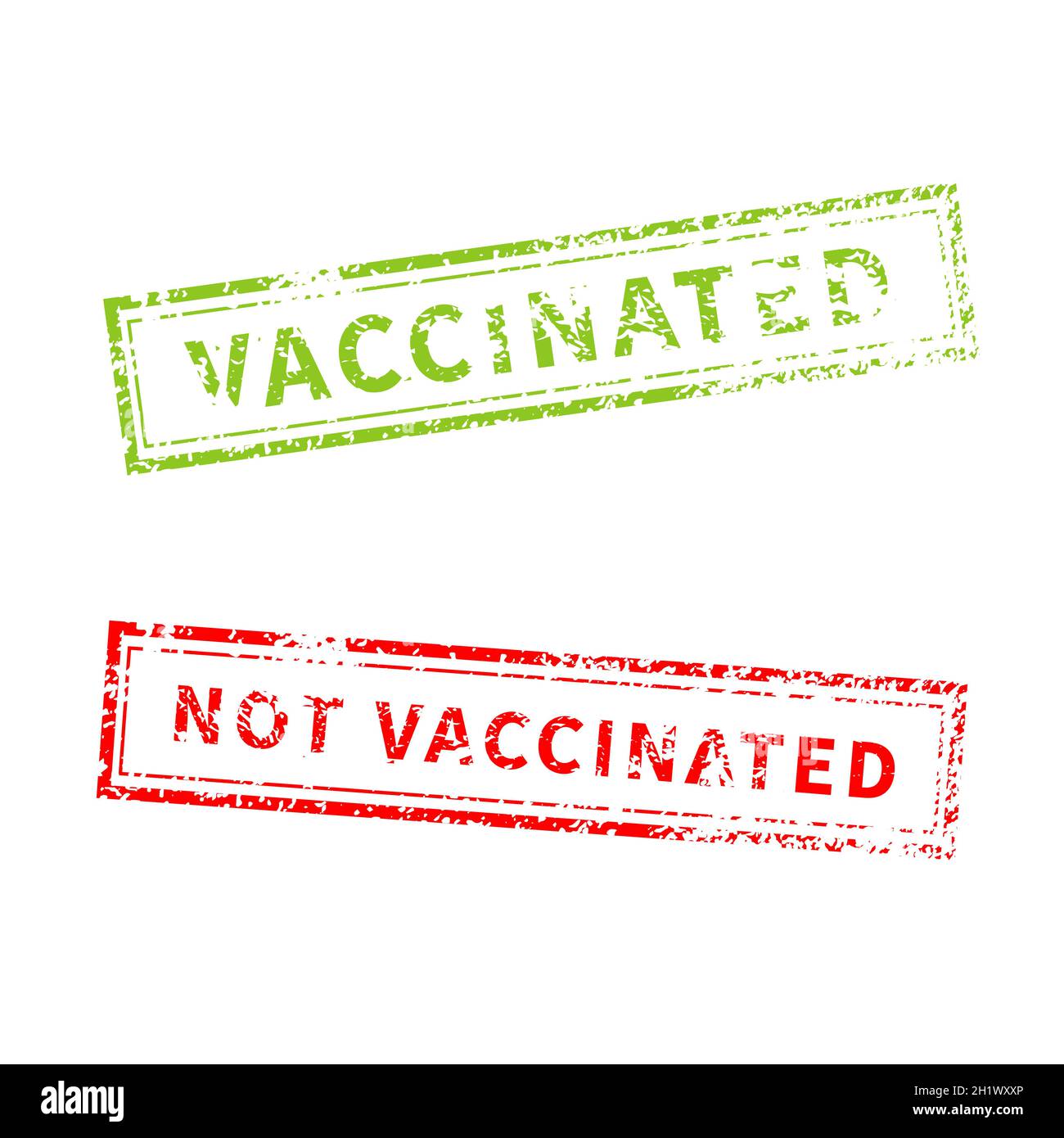 Vaccinated and not, red and green vintage grunge stamp imprints isolated on white Stock Vector