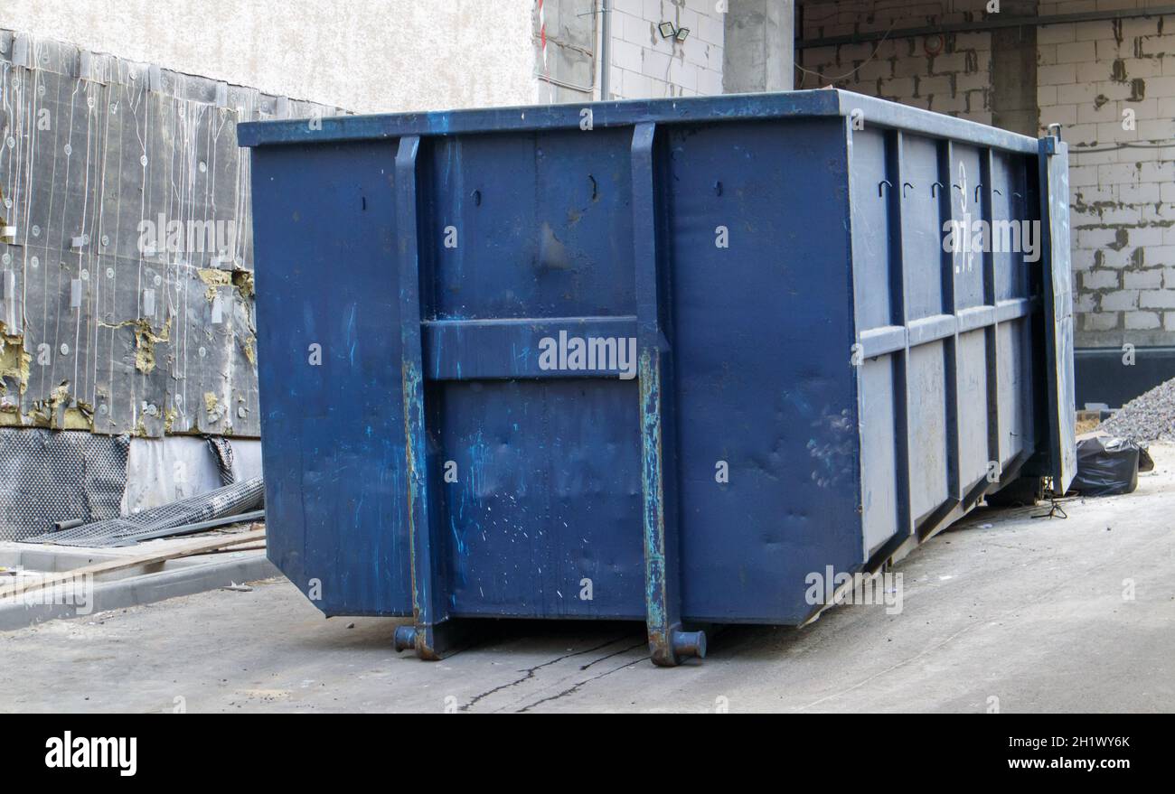 Metal durable blue industrial trash bin for outdoor trash at