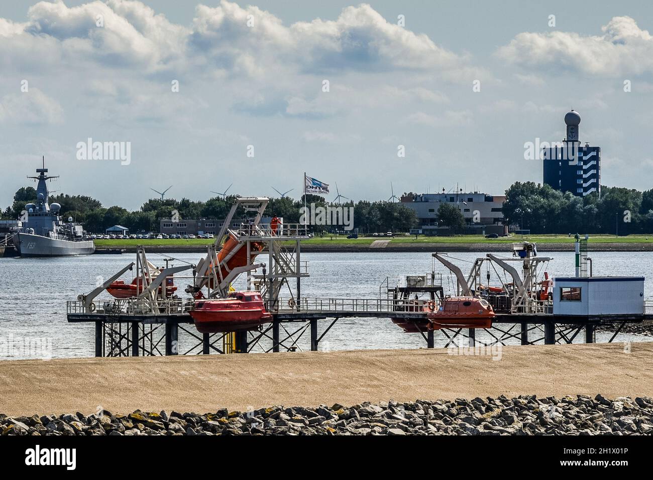 Den Helder, the Netherlands. September 2021. Training facility for rescue crafts and life boats in the harbor of Den Helder. High quality photo. Stock Photo