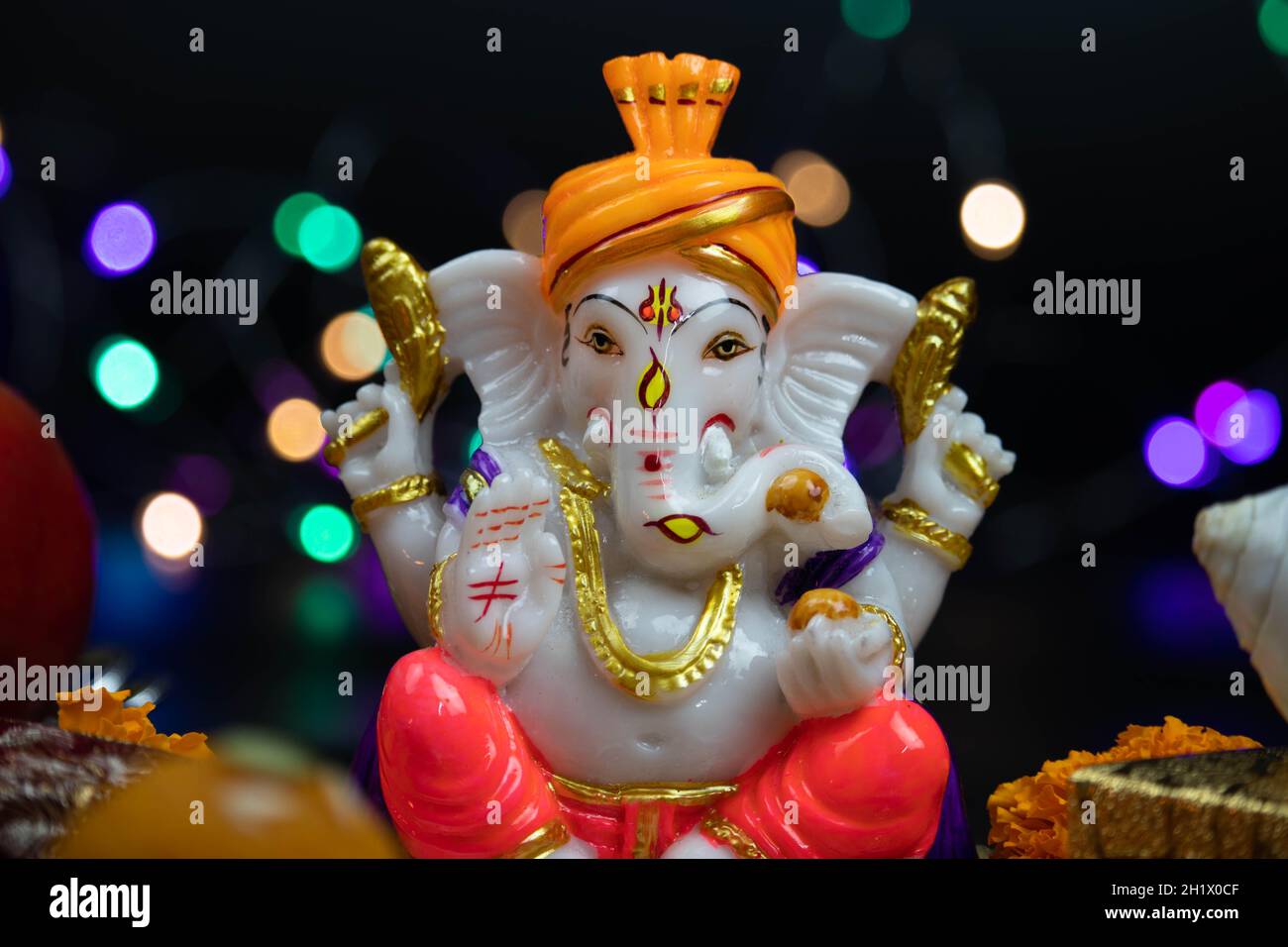 Closeup Of Hindu God Lord Ganesha Ganpati Bappa Morya In Orange ...