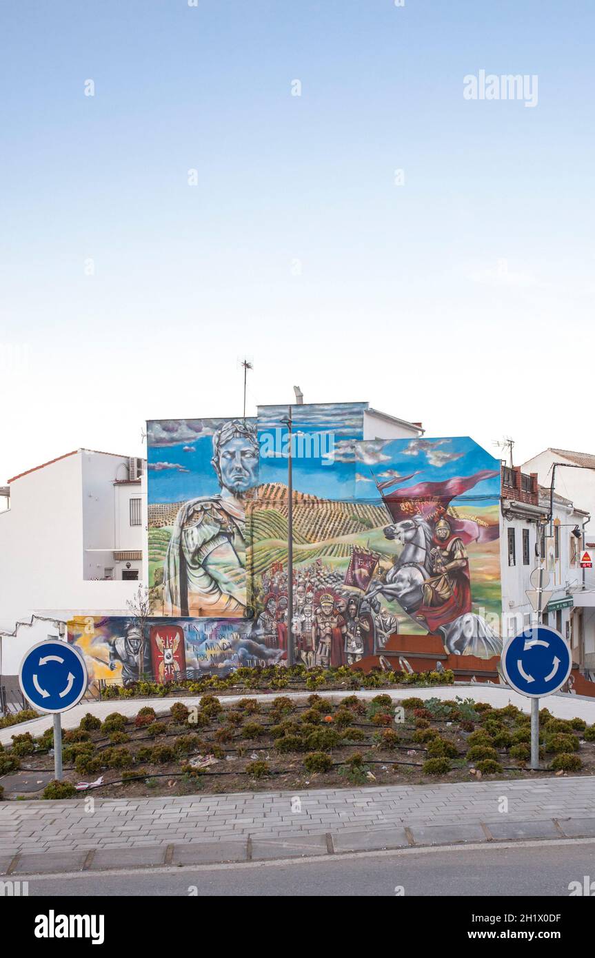Jan 1st 2020 - Montilla, Spain: Munda battle wall painting at Montilla builing, Cordoba, Andalusia, Spain. Painter Gisel Rosso Stock Photo