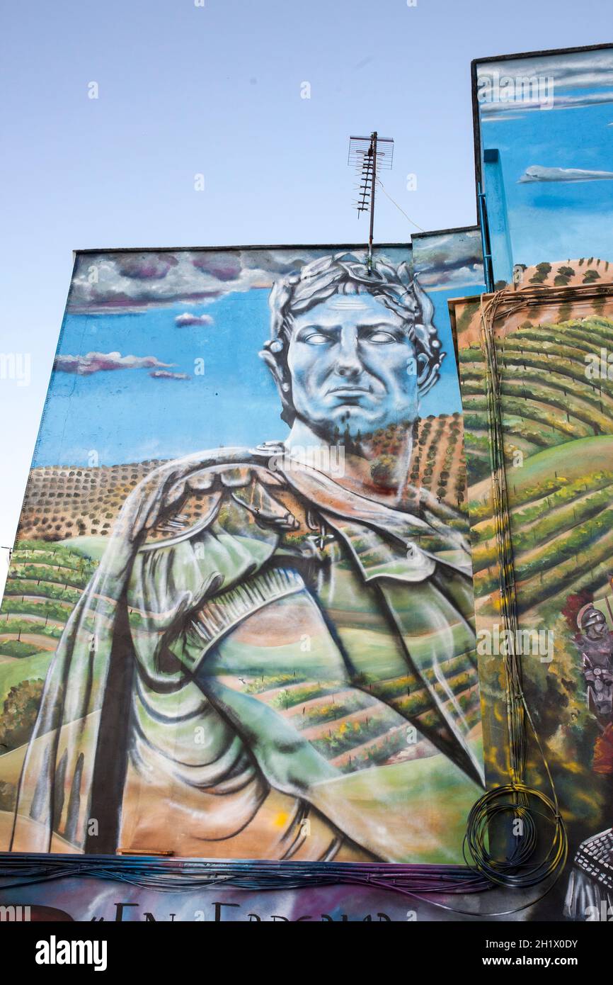 Jan 1st 2020 - Montilla, Spain: Caesar portrait wall painting at Montilla builing, Cordoba, Andalusia, Spain. Painter Gisel Rosso Stock Photo