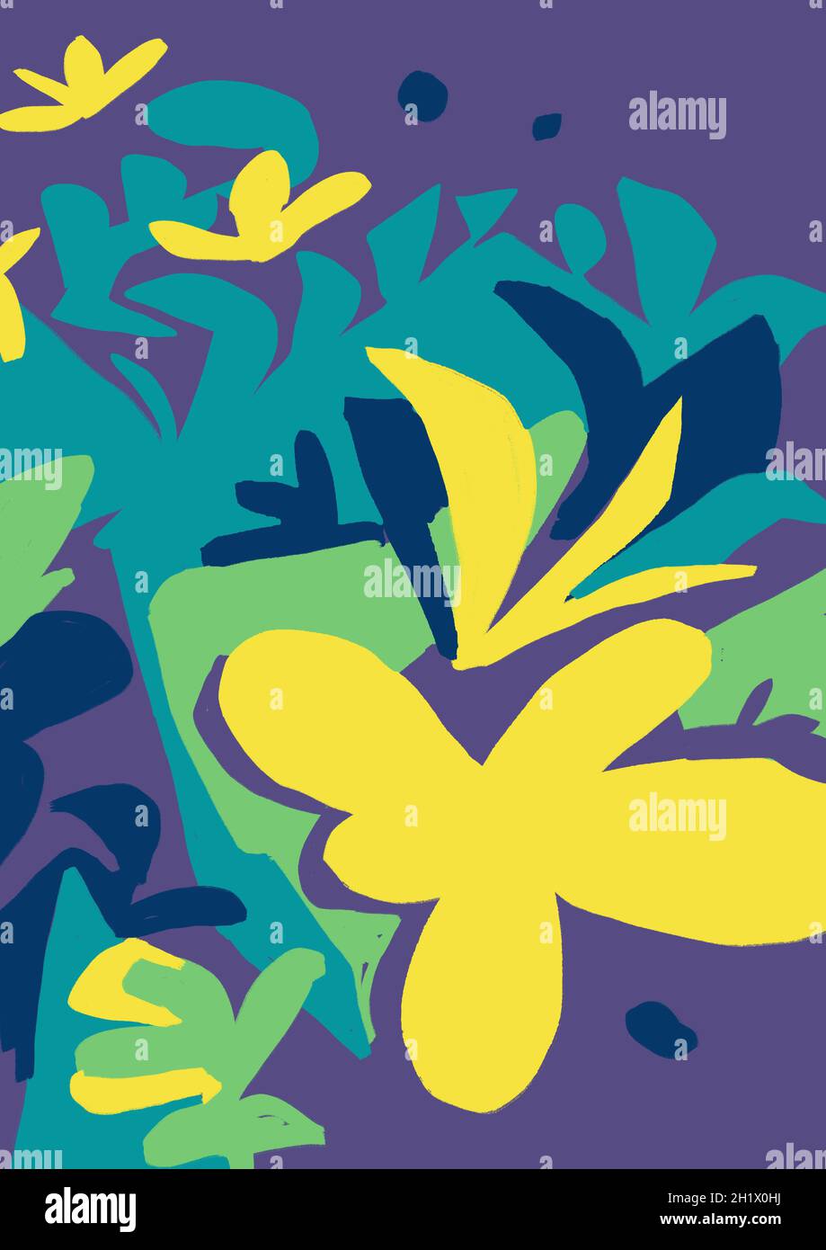 Cut-out paper painting with flat design and flower. Trendy shapes and design with matisse inspiration. Exotic color with nature and leaf. Stock Photo