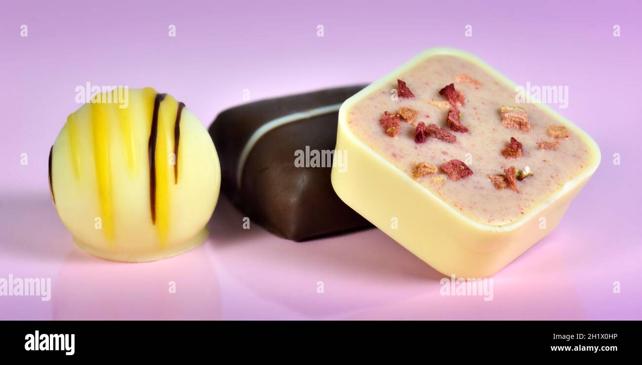 Panoramic close up of three luxury continental or Belgian assorted chocolates on pink background Stock Photo