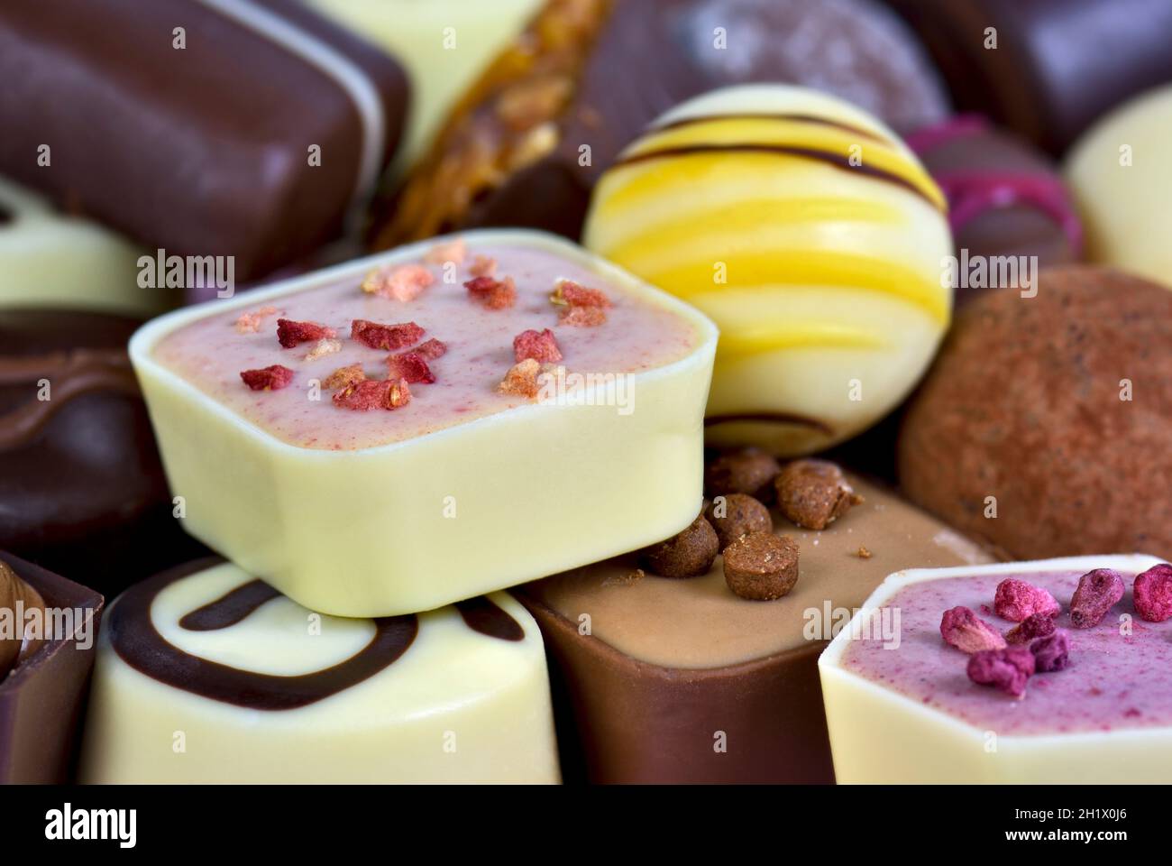 Full frame close up of luxury continental or Belgian assorted chocolates Stock Photo