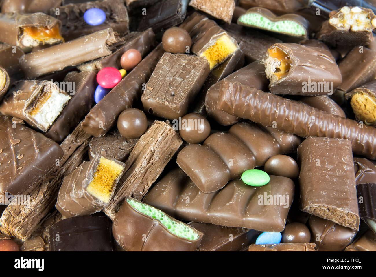 Full frame image of assorted everday Chocolate bars and snacks Stock Photo