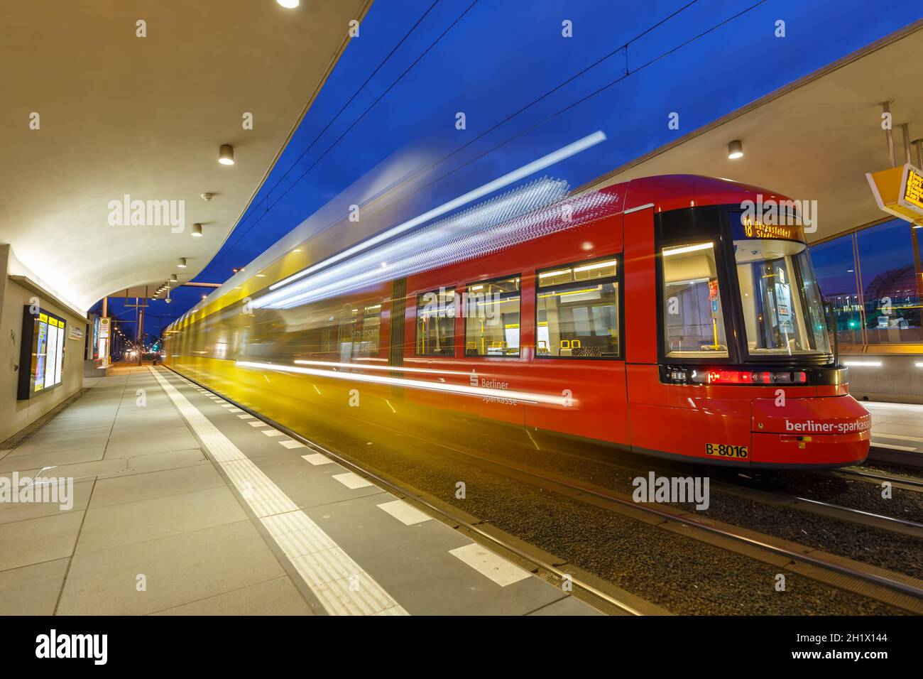 Berlin, Germany - April 22, 2021: Tram Bombardier Flexity light rail public transport Hauptbahnhof main station in Berlin, Germany. Stock Photo