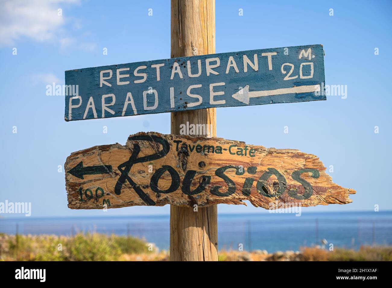 Schilder, Restaurants, Agia Roumeli, Kreta, Griechenland Stock Photo