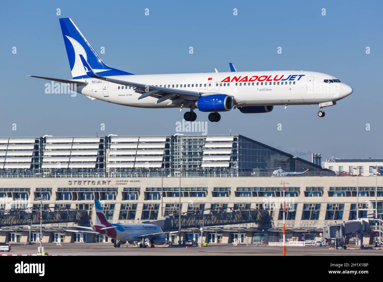 Stuttgart, Germany - January 15, 2021: AnadoluJet Boeing 737-800 airplane at Stuttgart Airport (STR) in Germany. Boeing is an American aircraft manufa Stock Photo