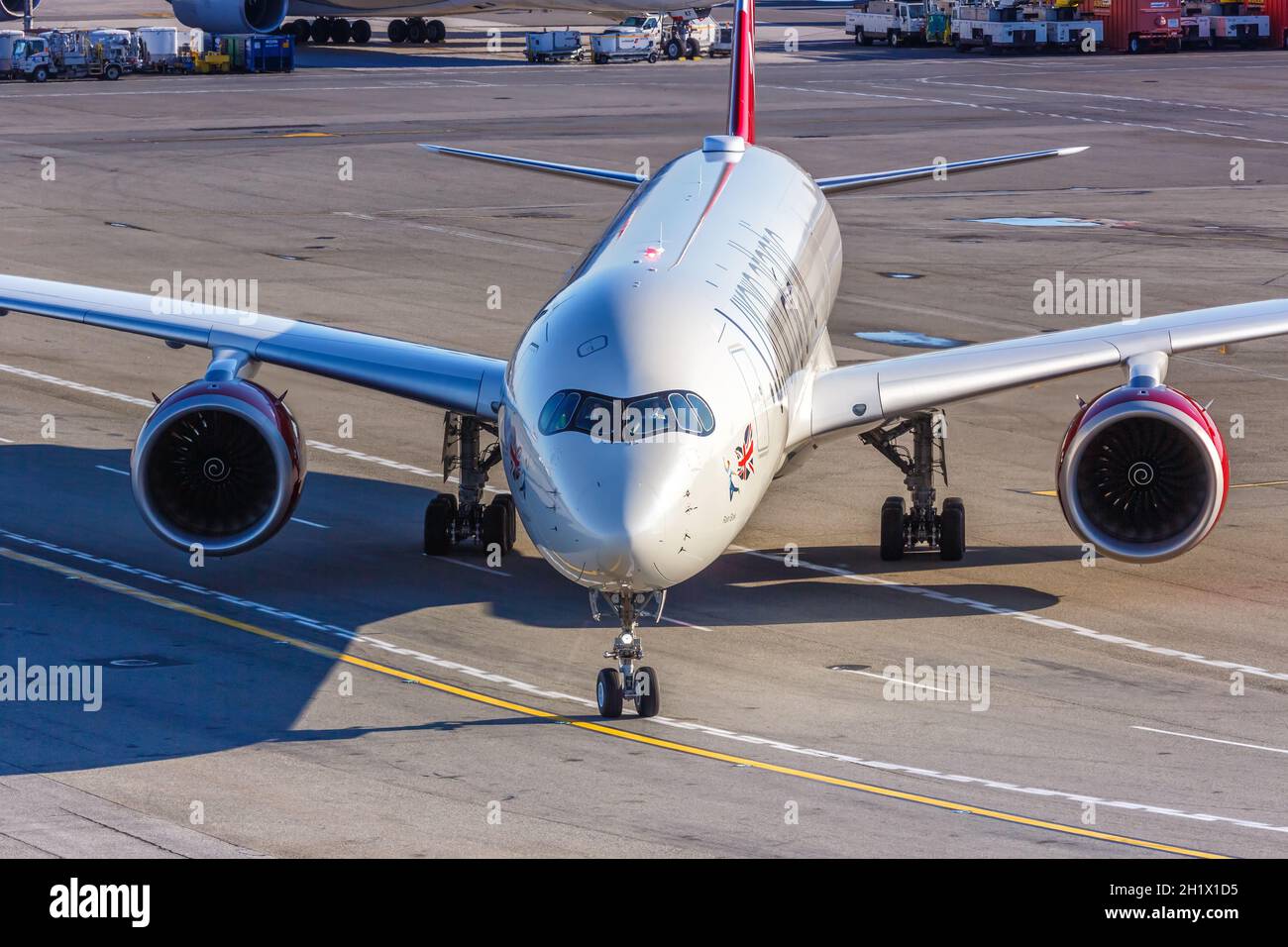 New York City, New York - February 27, 2020: Virgin Atlantic Airbus A350-1000 airplane at New York JFK Airport in the United States. Stock Photo