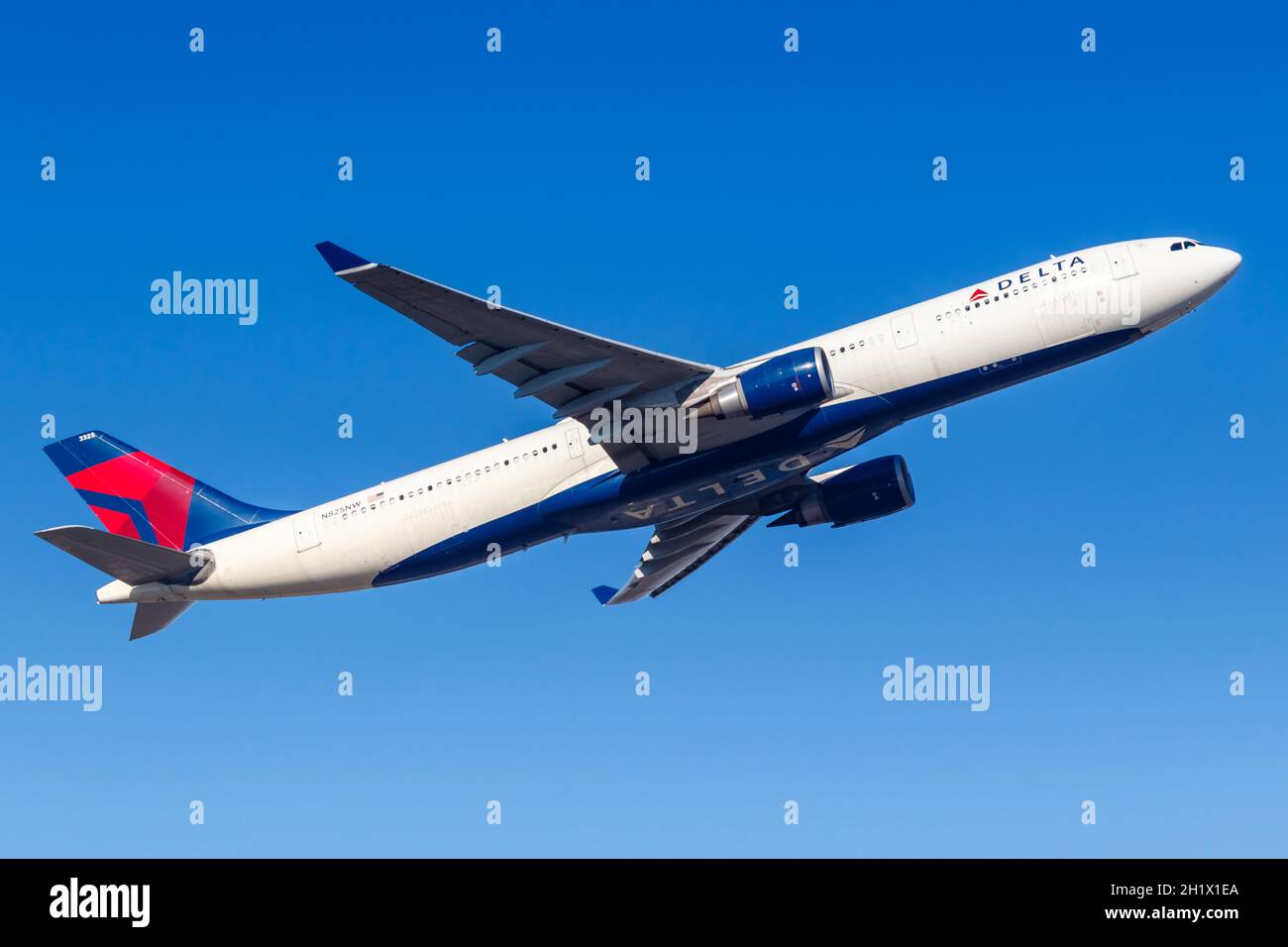 Frankfurt, Germany - February 13, 2021: Delta Air Lines Airbus A330-300 airplane at Frankfurt Airport (FRA) in Germany. Airbus is a European aircraft Stock Photo