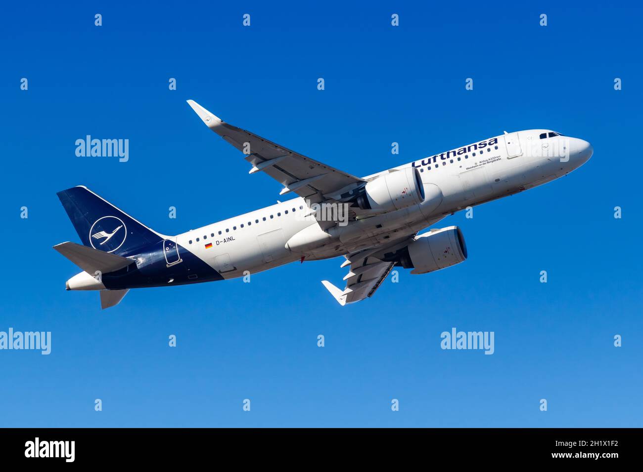 Frankfurt, Germany - February 13, 2021: Lufthansa Airbus A320neo airplane at Frankfurt Airport (FRA) in Germany. Airbus is a European aircraft manufac Stock Photo