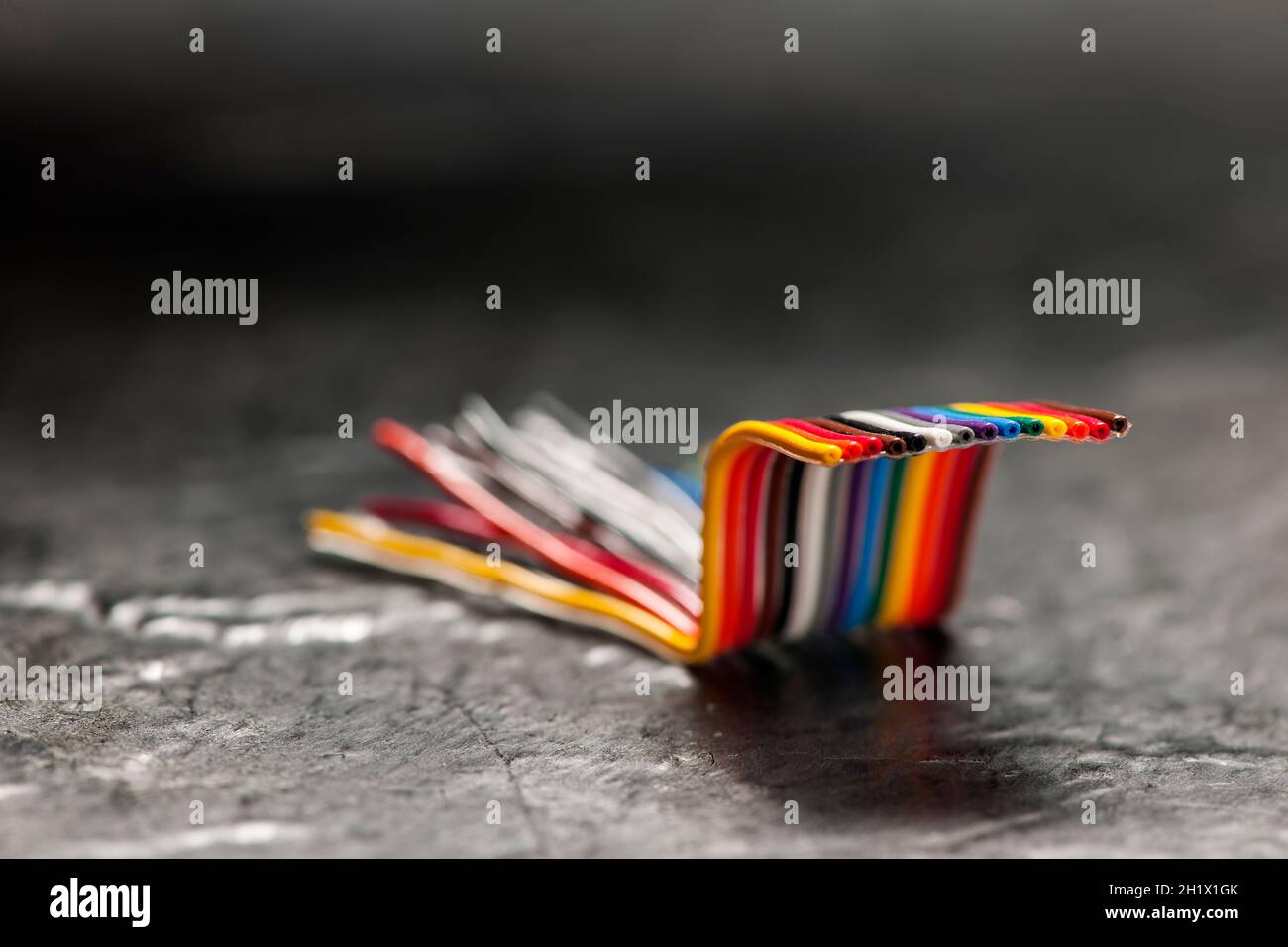 Close-up of a short, bent and colorful computer ribbon cable on a gray ...
