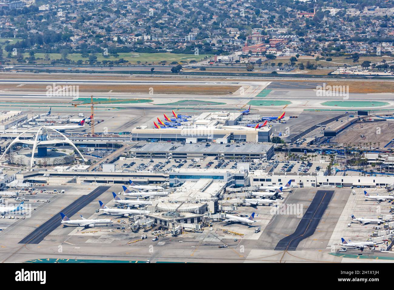 Los Angeles, California - April 14, 2019: Los Angeles International Airport LAX terminals overview aerial view in the United States. Stock Photo