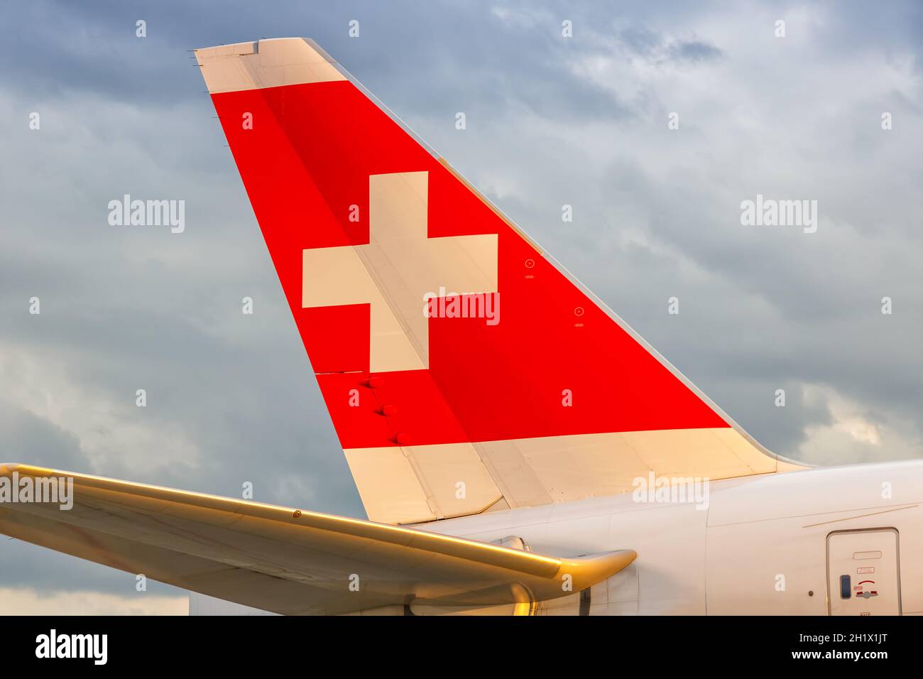Zurich, Switzerland - July 22, 2020: Swiss Airbus airplane tail at Zurich Airport (ZRH) in Switzerland. Stock Photo